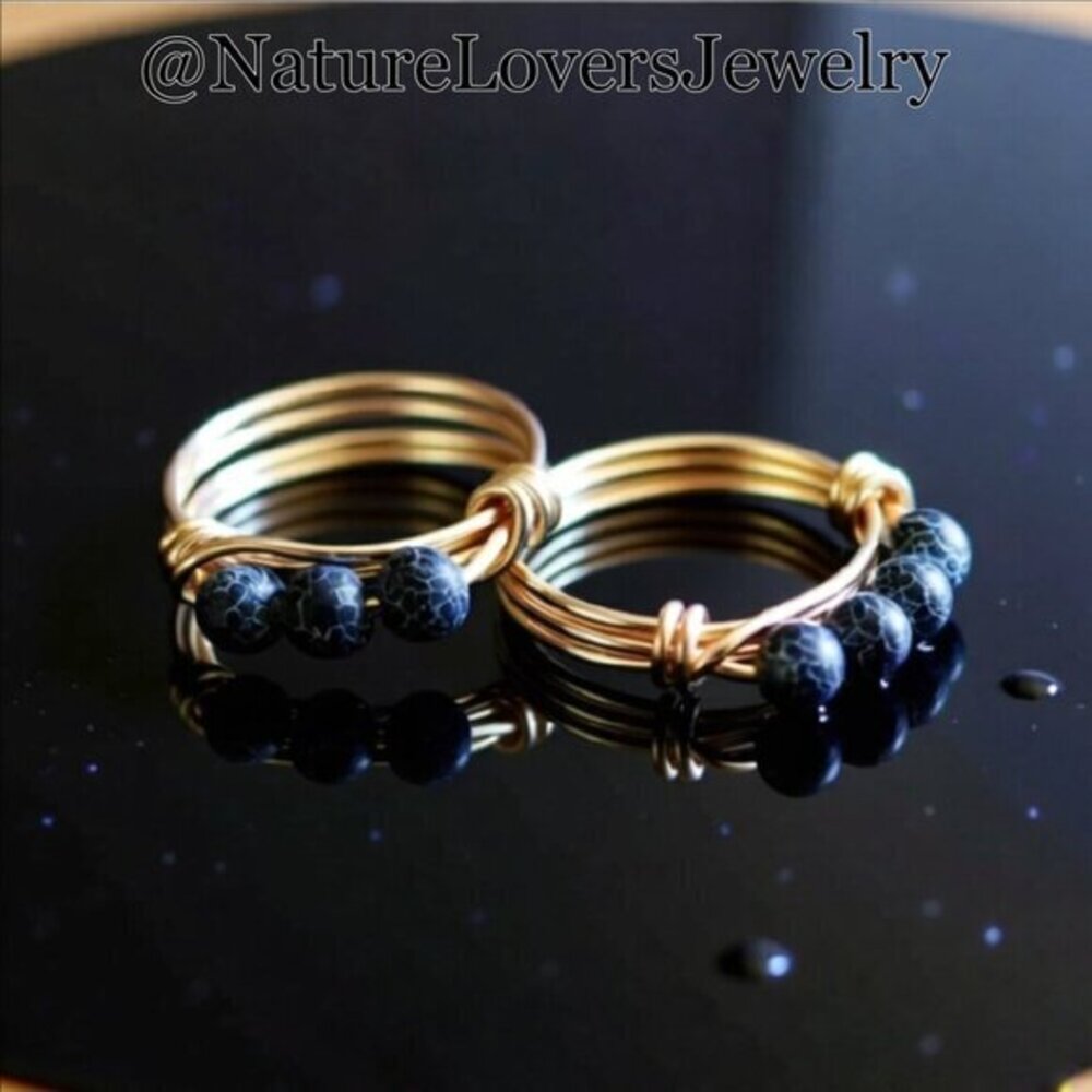 Black Dragonvein Agate Beaded Handmade Rings. Slim, Sexy, Edgy! Copper or Brass